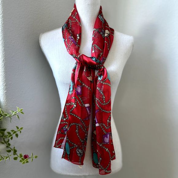 Fun Red Scarf 60" x 13" Striped Satin Sheer Decor Purses Chains Boots Hats - Picture 7 of 11